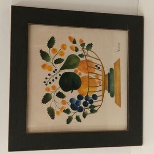 Vintage Fruit Bowl Theorem Hand Painted 80s Signed & Wood Frame Americana Craft